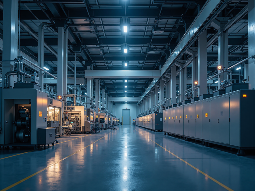 Advanced textile manufacturing facility with modern equipment and safety protocols, bright industrial lighting