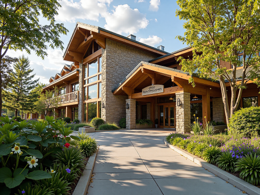 Corporate headquarters building exterior with professional signage, well-maintained grounds